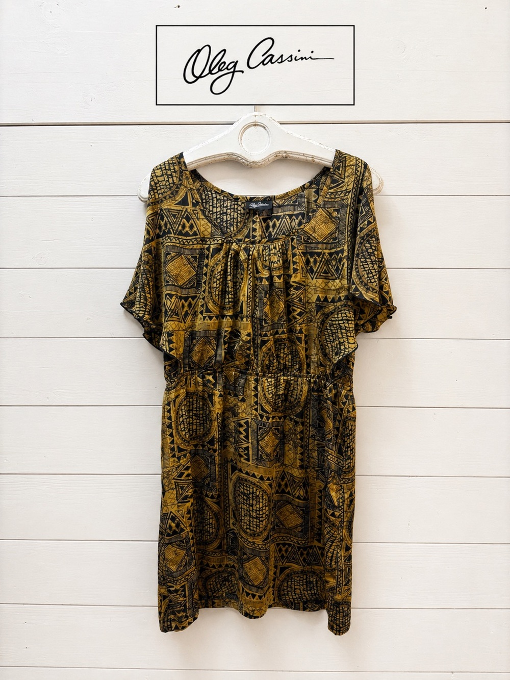 OLEG CASSINI Mustard & Black Geometric Print Dress – Size L